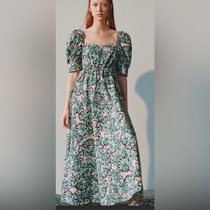 Zara Green Pink Floral Cutout Poplin Puff Sleeve Midi Dress